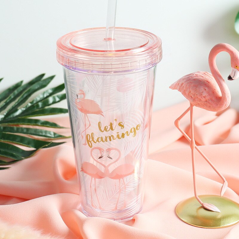 500ml flamingo plast resor te kaffe mugg halm kopp tubuli med lock söt tecknad dricka dubbel vägg för mjölk juice vatten