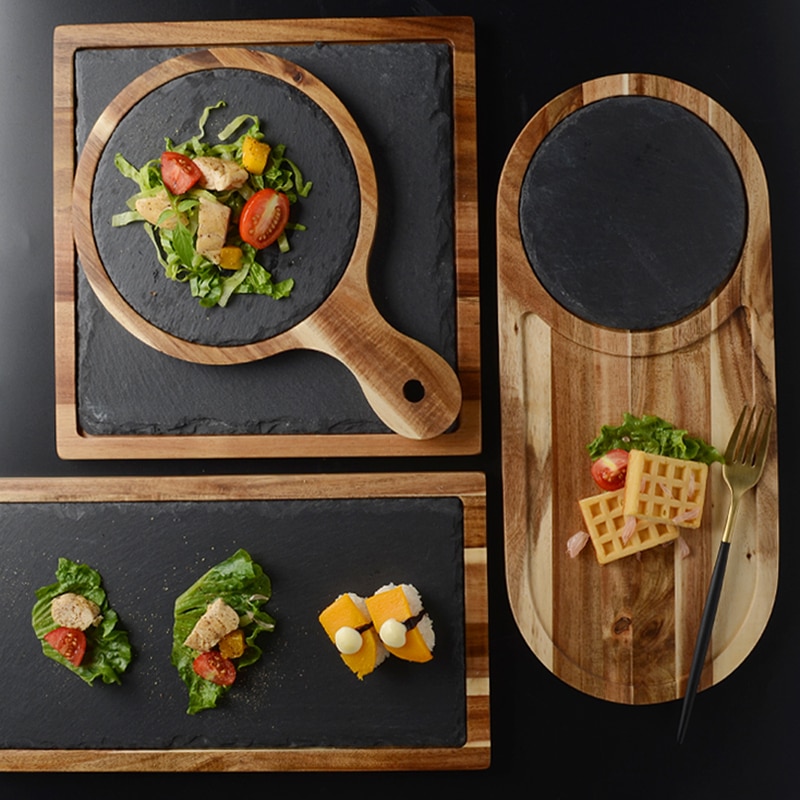 Bandeja de madera maciza americana para pizza, bandeja de madera, plato de pizarra negra, tabla de pan de madera de acacia, comida occidental, cocina japonesa, juego pla