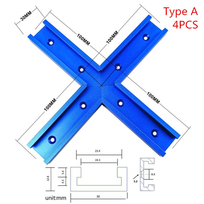 Woodworking T-Slot T-Track Miter Track Cross Connector Rail Guide Chute Circular Saw Flip Table Saw Track Intersection Parts Set: 4PCS 100mm Blue A