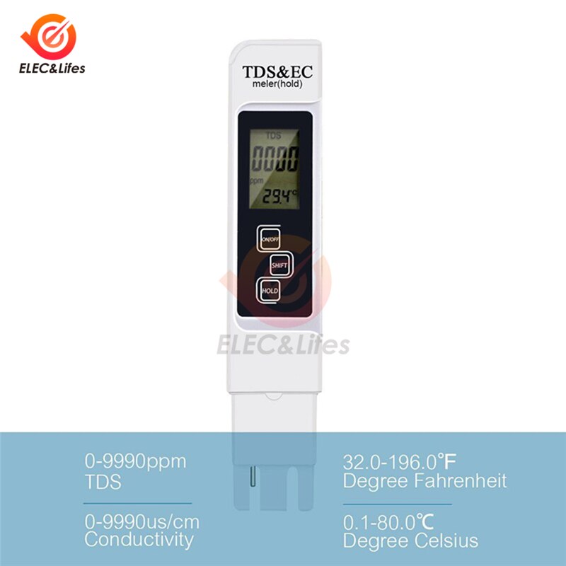 TDS EC medidor de temperatura pluma 3 en 1 Función de conductividad herramienta de medición de de Agua TDS & EC probador 0-9990ppm 15%