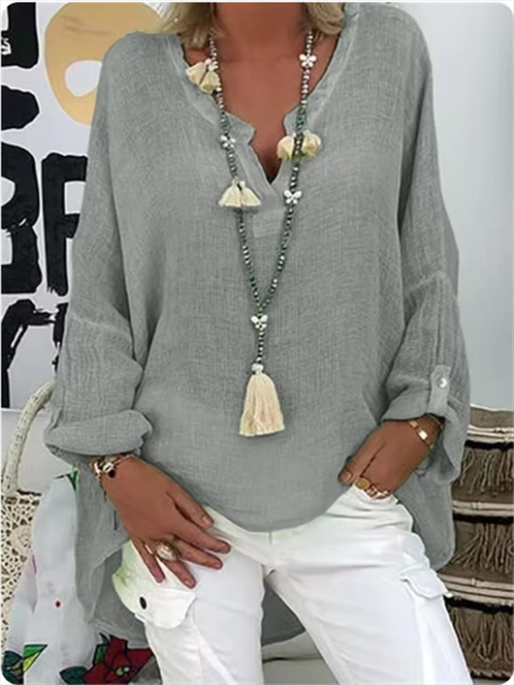 6-- farvet løs skjorte til kvinder, afslappet ensfarvet top, forår, efterår, v-hals, langærmet bluse: Xxl / Elfenben