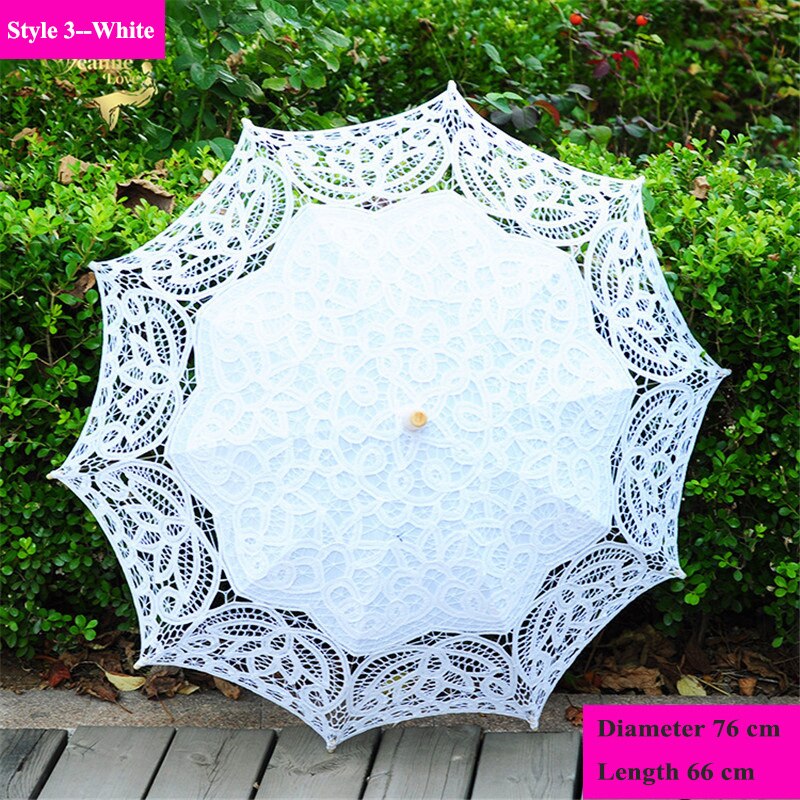 Handgemachte Stickerei Spitze Sonnenschirm Regenschirm Frauen Hochzeit Braut Foto Weiß Baumwolle Holz Griff Dekoration Regenschirm: Stil 3--Weiß