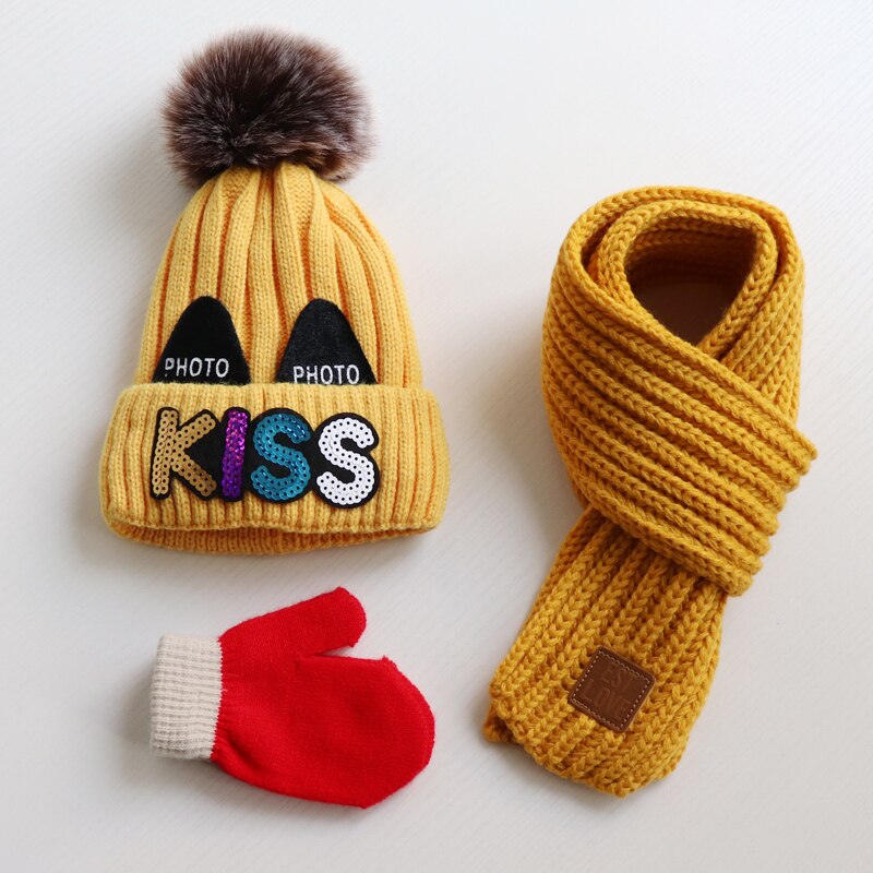 Baby hat scarf gloves three - piece set Autumn winter children's hat scarf Thick woolen hats for boys and girls Cute woollen hat