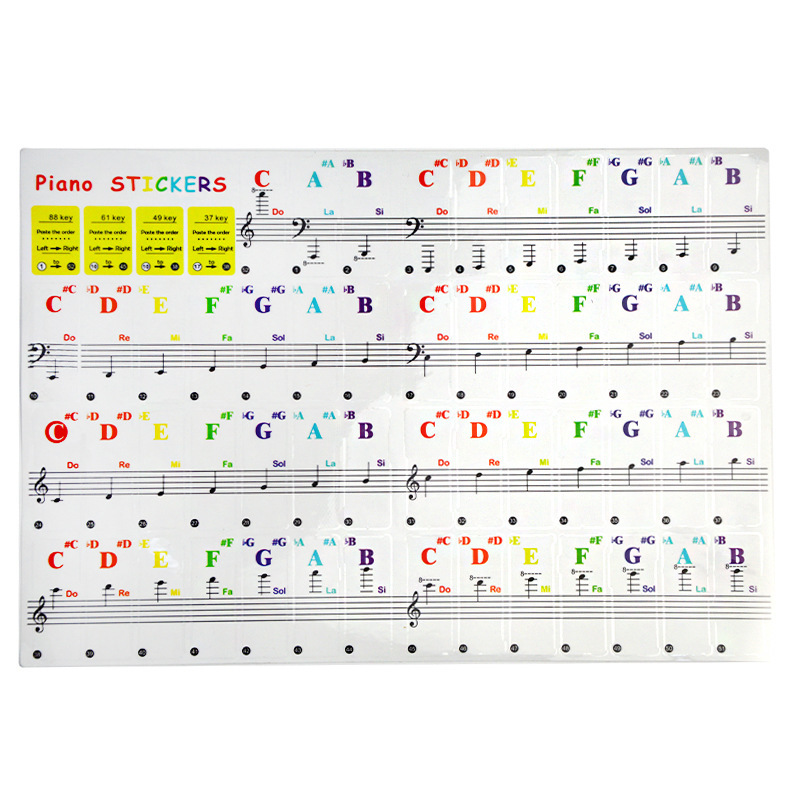 37/49/61/88 Keys Colorful Transparent Piano Keyboard Stickers Electronic Keyboard Sound Name Key Stave Note Symbol Sticker: Silver