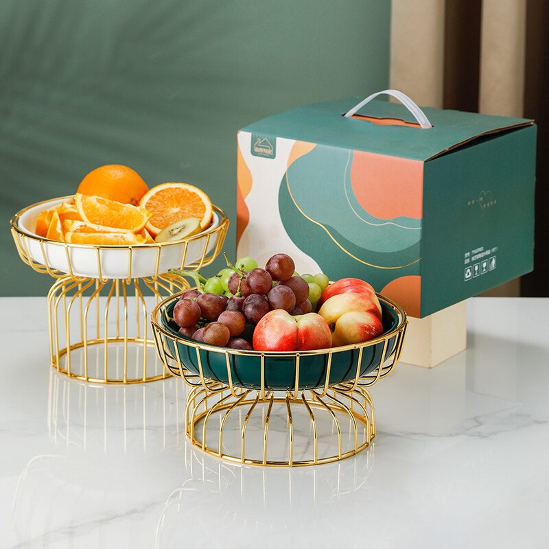 Houseware Fruit Plate Wrought Iron Frame Ceramic Dessert Plate Candy Plate Tall Fruit Plate Box Set With Souvenirs