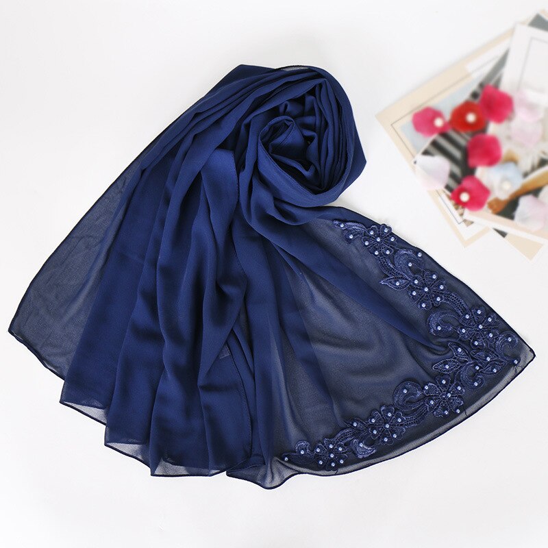 Blasen Chiffon muslimischen kopf schals nagel perle Nacken schal frauen kopf hijabs schals decke schal zubehör mädchen: Marine Blau
