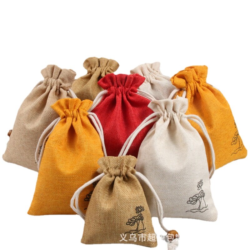 Pure Cotton Bags Packing Jewelry Drawstring bag Wedding Candy Wrappling Reusable Sachet Print Lotus Display Pack Bags