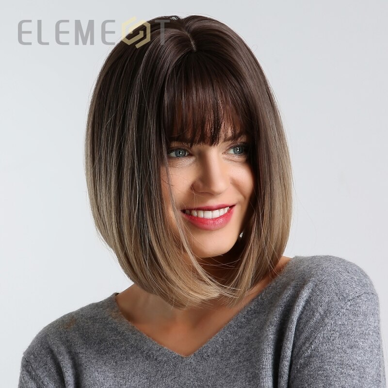 Element Synthetic Short Straight Bob Wigs for White/Black Women Ombre Brown Blonde Cosplay Party or Daily Wigs with Bangs