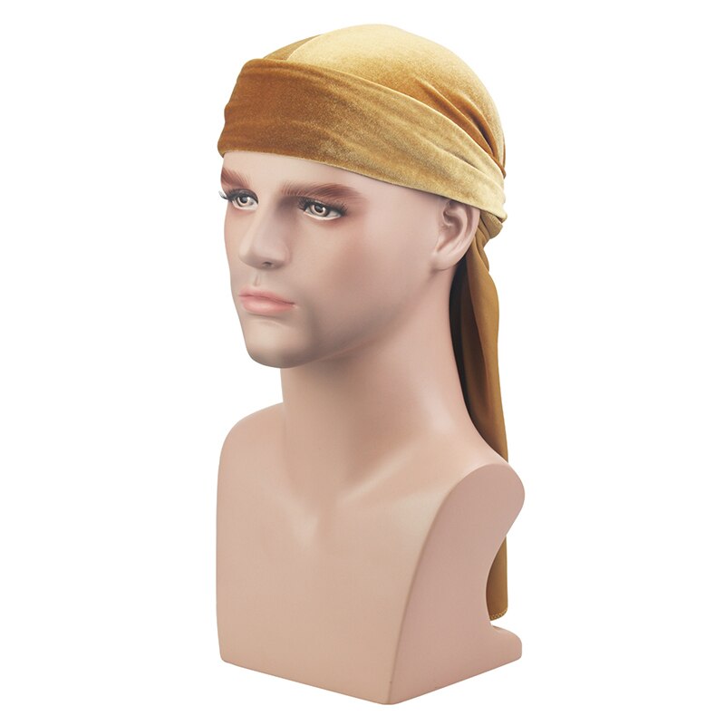 Mannen Fluwelen Lange Staart Durag Hip Hop Tulband Ademend Bandana Hoed Fluwelen Zijdeachtig Satijn Durag Doen Doo Du Rag Lange staart Headwrap: Goud