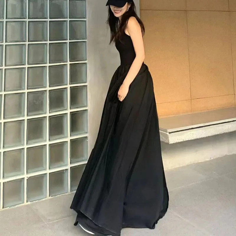 Lucyever Korean Black Maxi Dress Women Summer Sleeveless Spaghetti Strap Dresses Female Patchwork A-Line Dress