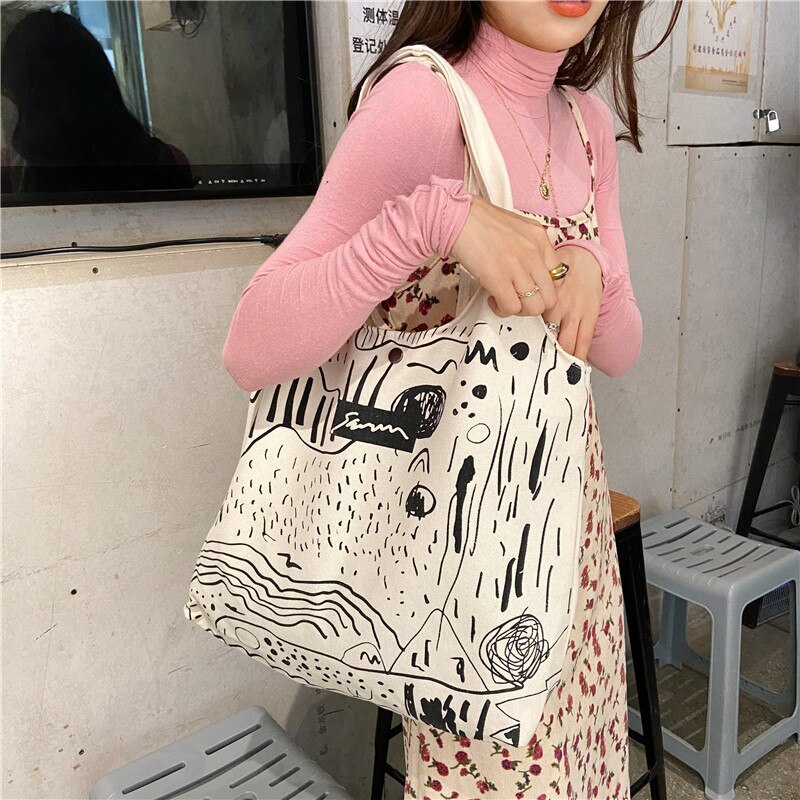 Koreanische einfache illustrationen, große schultertasche für damen, einkaufstasche aus umweltfreundlichem Segeltuch, baumwollstoff, große einkaufstasche für reisen: 3