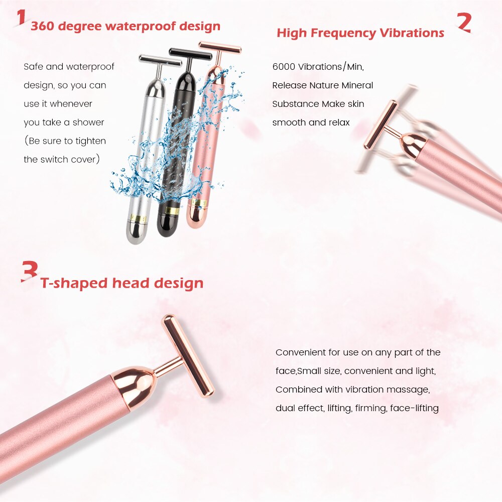 24k Golden Facial Roller Massager T Shape Vibrating Face Lifting Energy Beauty Bar Body Skin Massage Device Face Care Tools