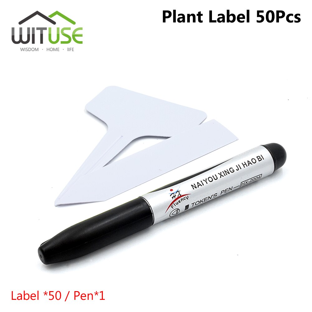 100 stk t-type + pind plast børnehave etiket holdbar og genanvendelig vandtæt haveplante etiket blomst tykt tagmærke med en pen: Hvid
