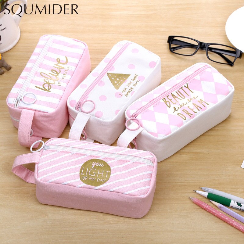 Pink canvas pencil case large capacity Kawaii pen case for girls school Pencil cases student stationery box cute Storage bag