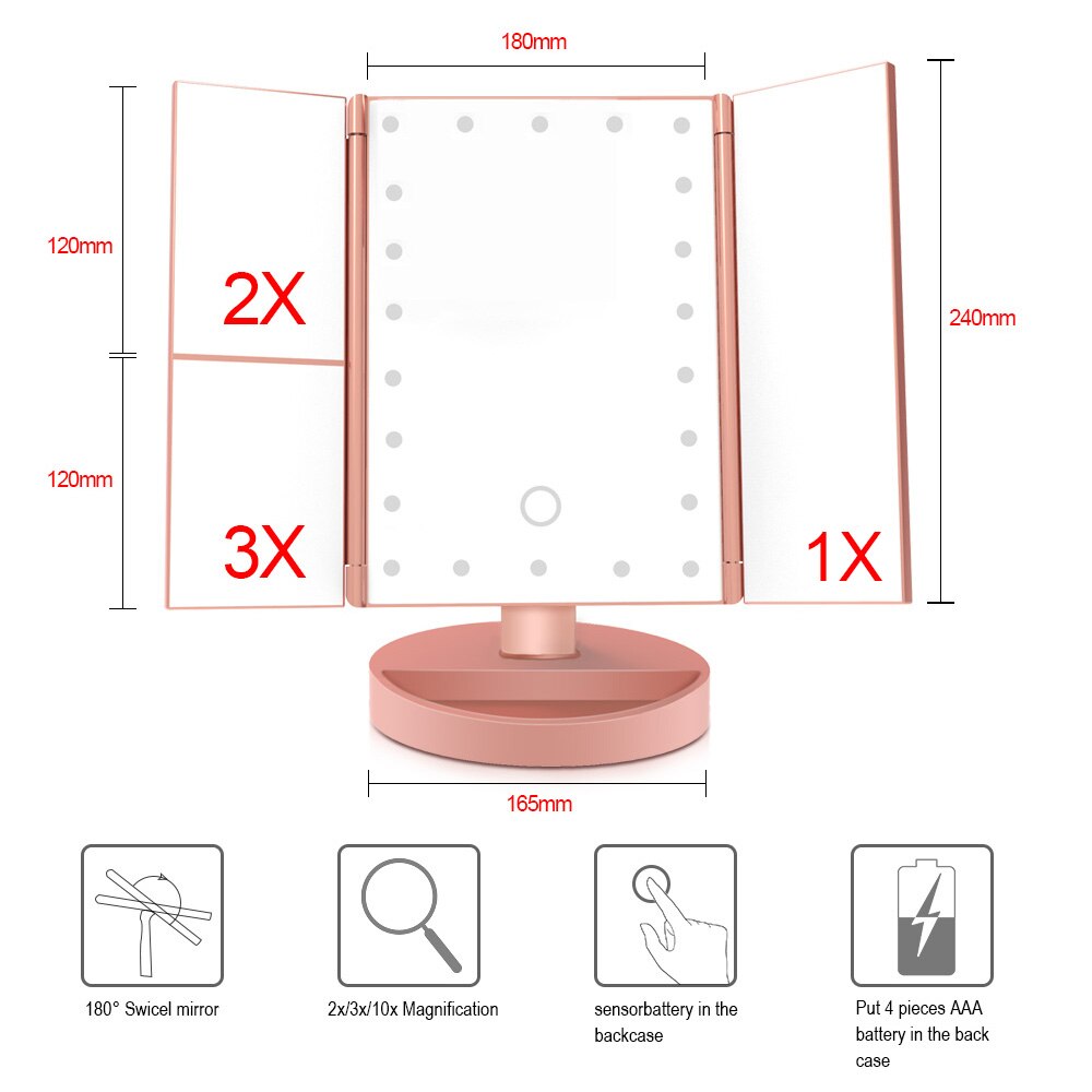 Espelho de maquiagem led tela sensível ao toque 22 mesa de luz maquiagem 1x/2x/3x/10x ampliação vaidade 3 dobrável espelho ajustável