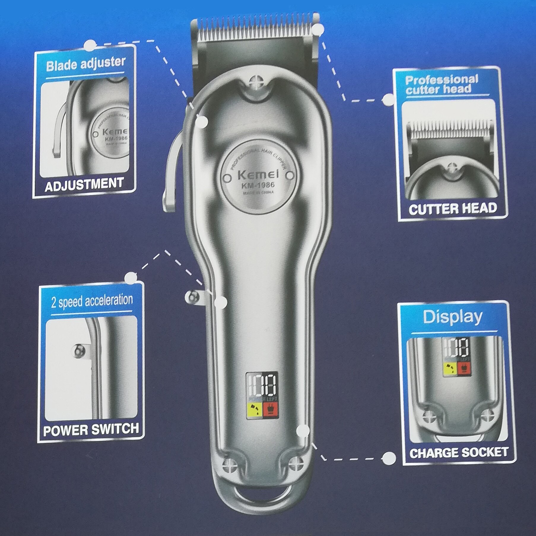 Kemei 1986 All-metal Barber Hair Clipper Electric Cordless LCD Hair Trimmer Gold Silver Hair Cutting Machine Mower: Silver With Box / AU Plug