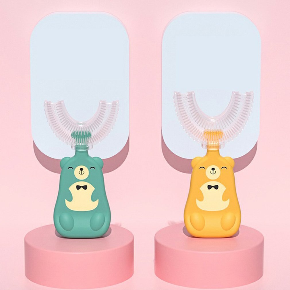 Brosse à dents en Silicone liquide en forme de U pour enfants, tête de brosse à dents à poignée verticale, brosse à dents manuelle à poils souples pour enfants