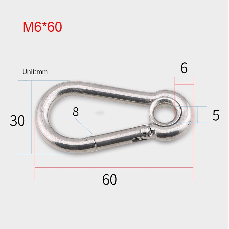 304 Stainless Steel Carabiners With Hole Climbing Gear Safety Snap Hooks Spring Buckle M4~M12 Connector Rings: M6x60