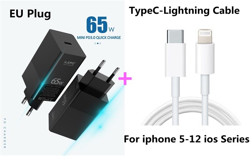 Travel 65W GaN USB C PD MagSaf* Power Adapter Fast Smart Mobile Phone Quick Charger For Laptop Macbook iphone Xiaomi Huawei: EU With C-Lightning