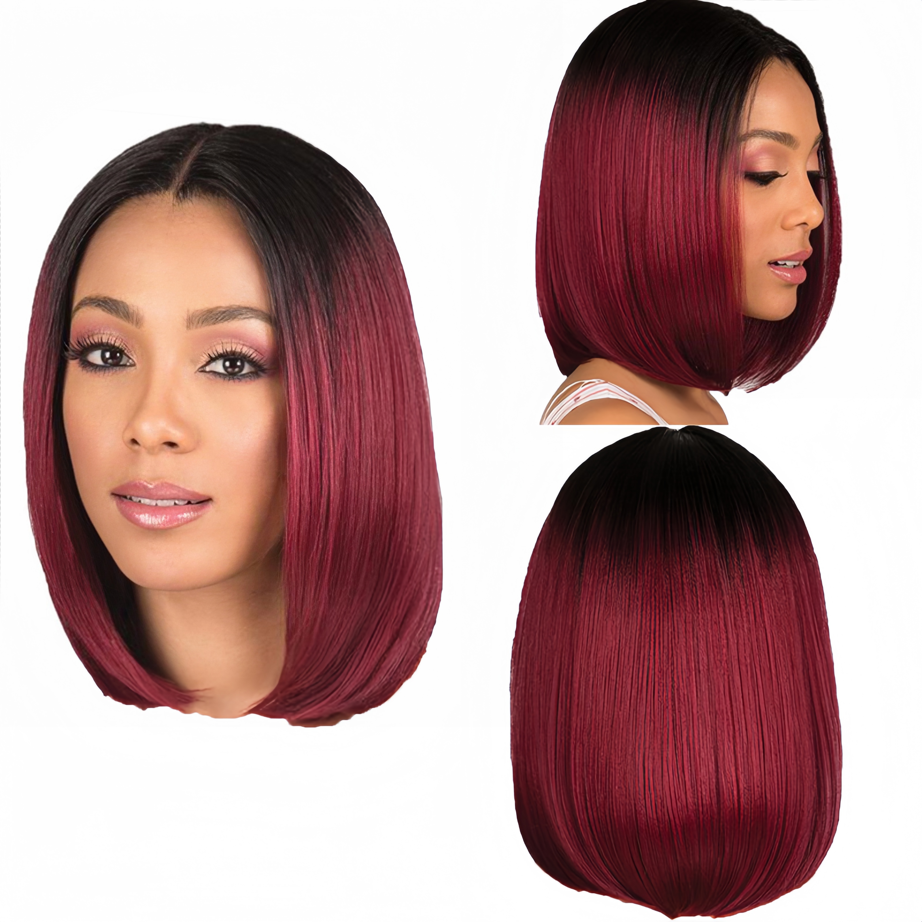 Peluca bobo teñida europea y americana de , pelo corto y liso para mujer, pelo de fibra sintética de color rojo vino degradado negro