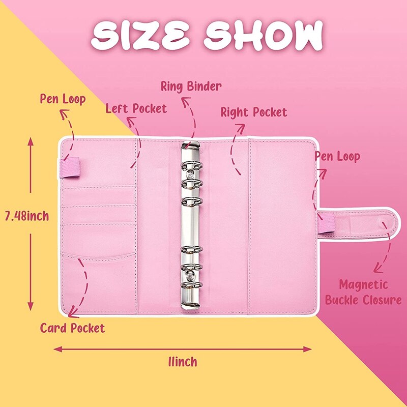 A6 PU Binder Planner Budget Organizer Round Ring Binder Cover Magnetic Personal Planner Binder with 12 Binder Pocket