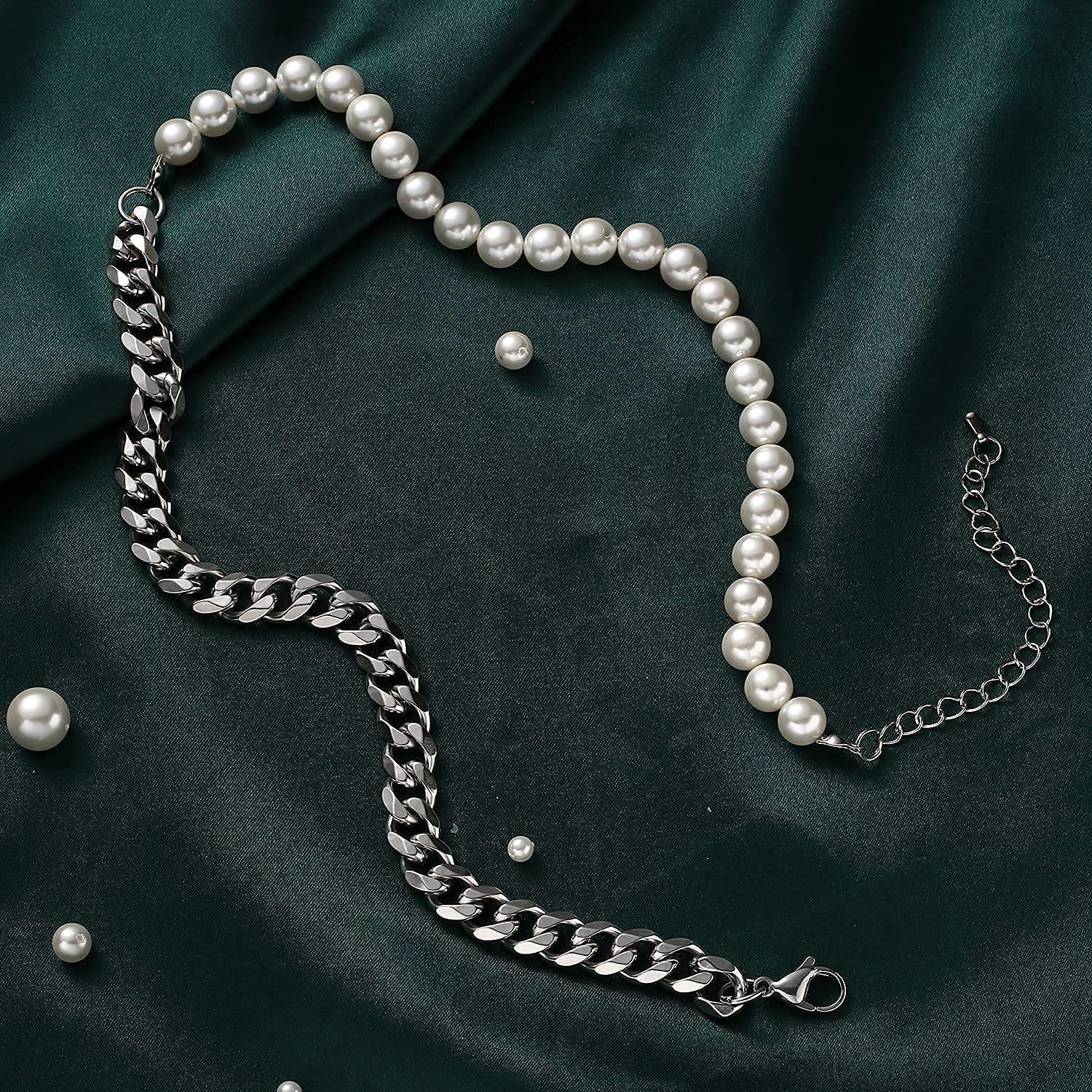 Collana di perle per uomo-collane a mezza catena con mezza perla catene a maglie cubane per gioielli da uomo in acciaio inossidabile