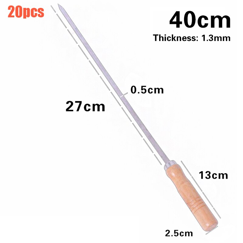 Broche à Kebab plate en acier inoxydable, 40cm, 10 pièces, Barbecue, aiguille à rôtir, fourchette à viande, outil de cuisson en plein air, accessoires de cuisson: 20pcs