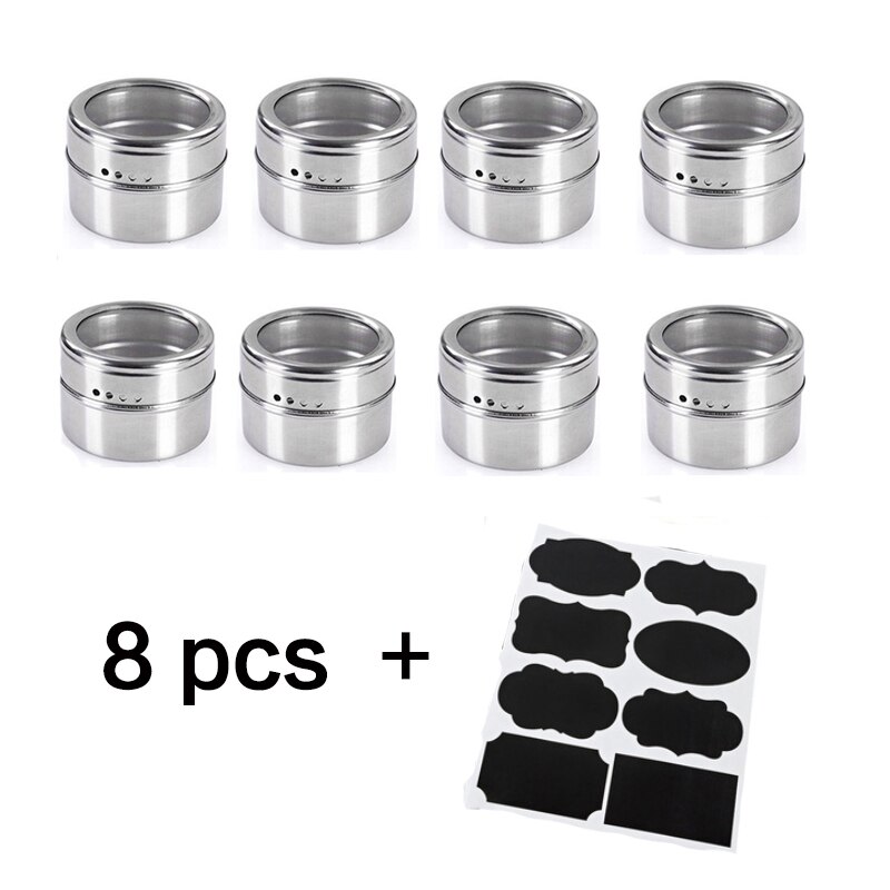 Magnetic Spice Jar Set With Stickers Stainless Steel Spice Storage Tins Container Pepper Seasoning Sprays Tools seasoning bottle: 8 pcs set