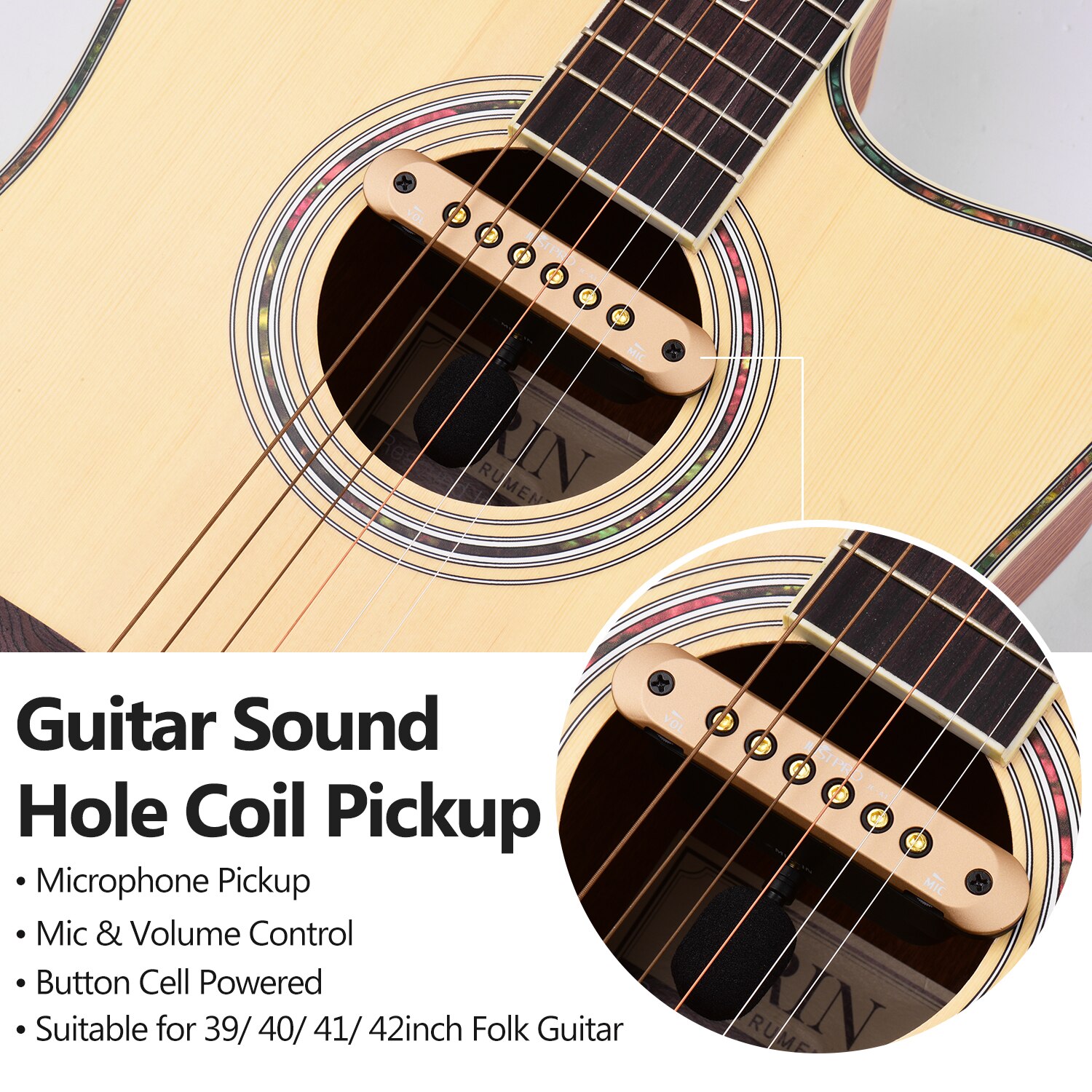 JUSTPRO JC-A1 Guitar Sound Hole Coil Pickup with Microphone with Mic and Volume Control for 39/40/41/42inch Folk Guitar