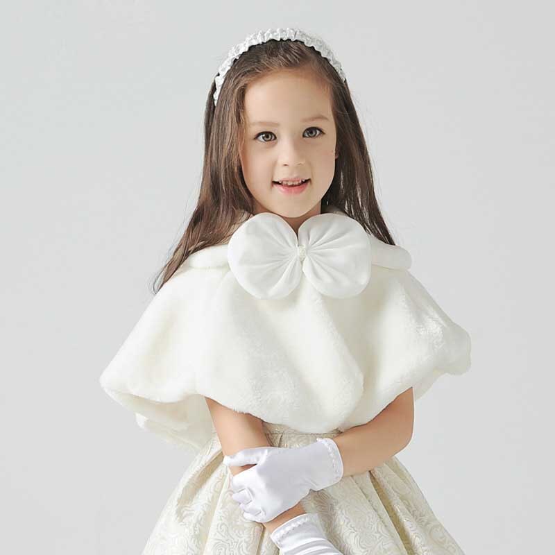 Capa de boda con lazo para vestido de comunión para niños y niñas, capa de piel sintética con flores, Bolero de piel, abrigo de invierno: L(8-14T)