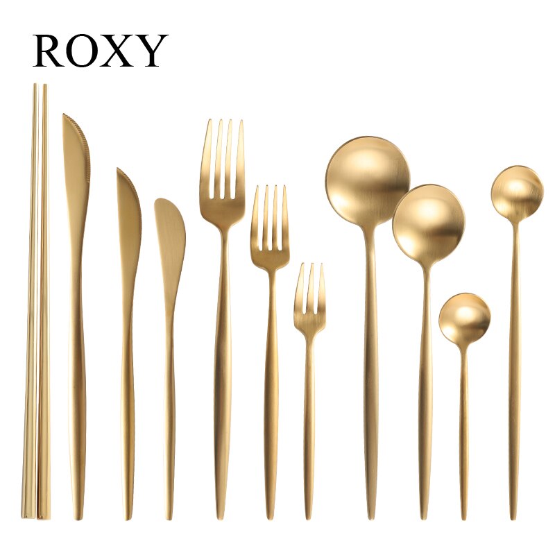 304 roestvrijstalen gouden besteksets, dinervork, mes, lepel, eetstokjes, serviesset, zilverwerk, servies
