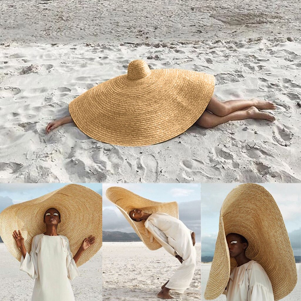 Oversized Straw Hat For Women Wide Brim Summer Sun Hat Packable Large Paper Beach Hat #T2G