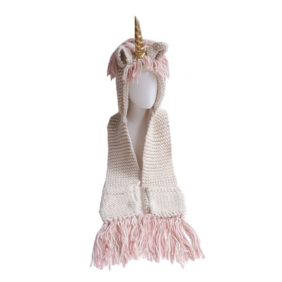 Kids Girls Rainbow Unicorn Soft Skullies Beanies Hats Shawl Scarf Set With Two Pockets Warm Knitted Bonnet Cap Christmas: Gold / S