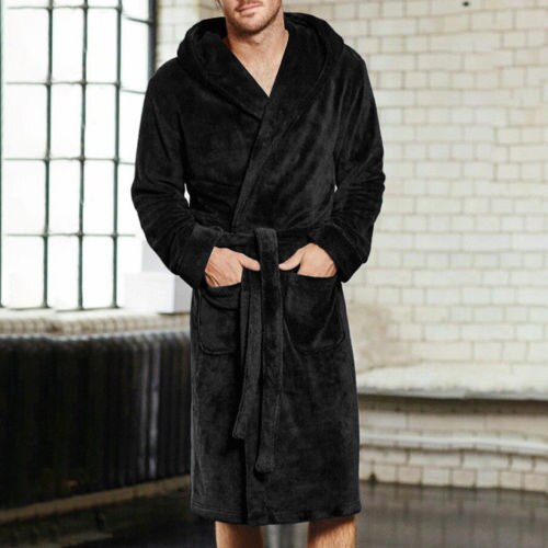 Hommes hiver Robes épais allongé en peluche châle peignoir Kimono maison vêtements à manches longues Robe manteau peignoir homme: Black / M