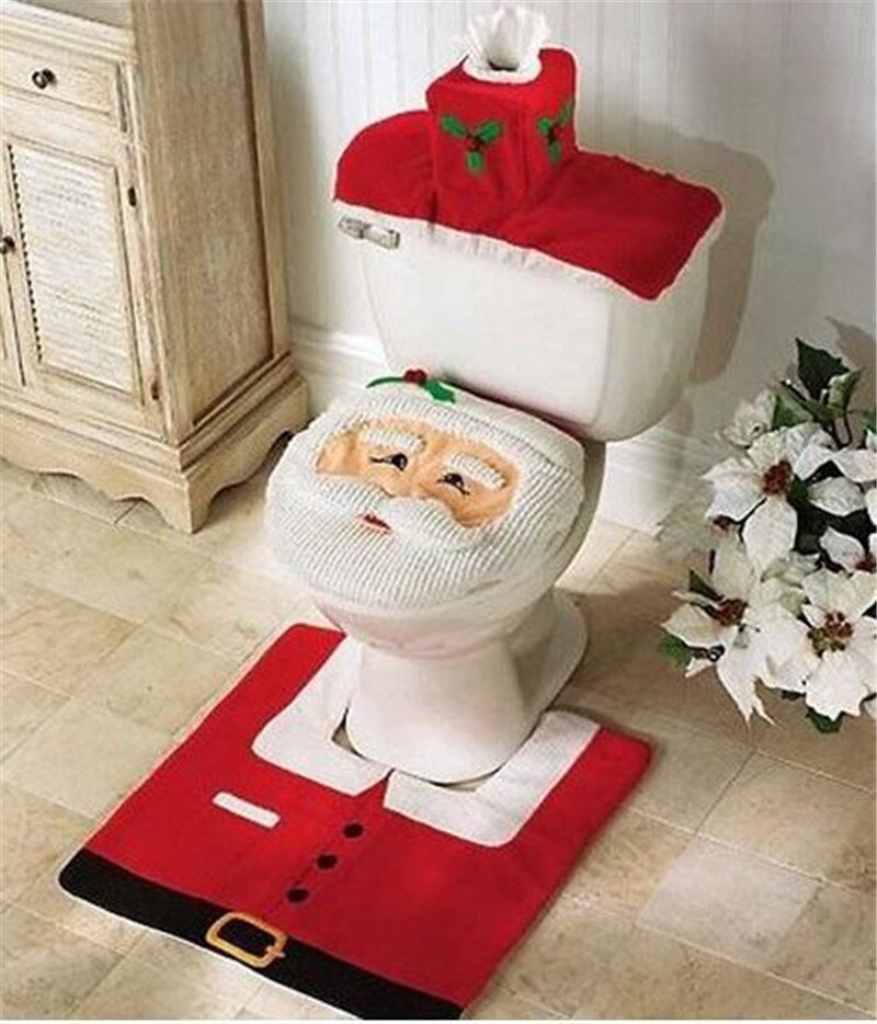 Fancy jul julemanden toilet dæksel til låget + kontur tæppe sæt badeværelse xmas leverer dekoration: Toilet sædeovertræk