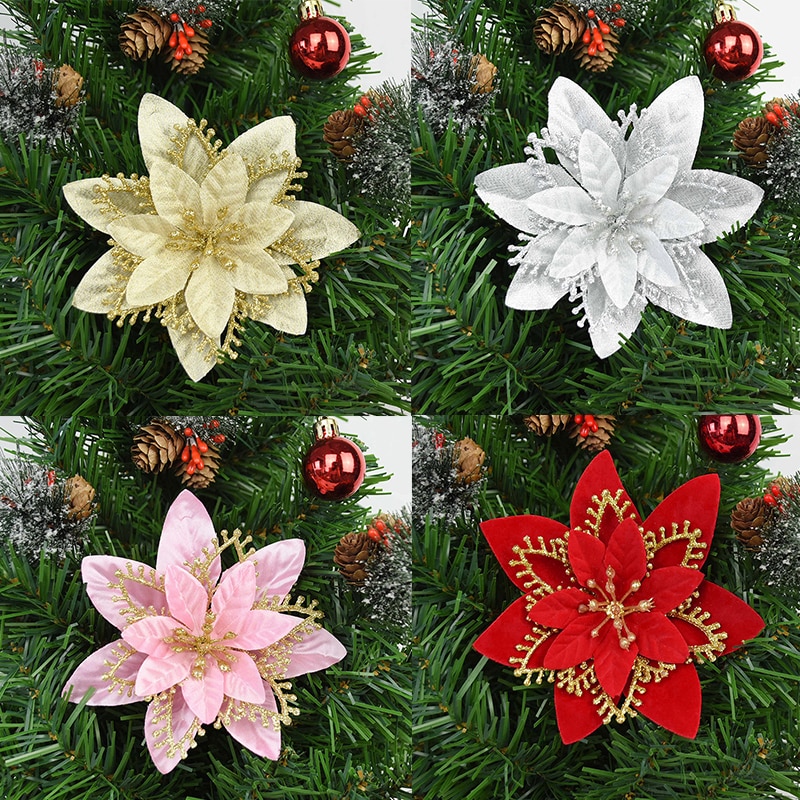 5Pcs 13Cm Glitter Shiny Kerstboom Bloem Kunstmatige Bloem Hoofd Goud Zilver Rood Voor Kerst Ornament Wedding Party decor