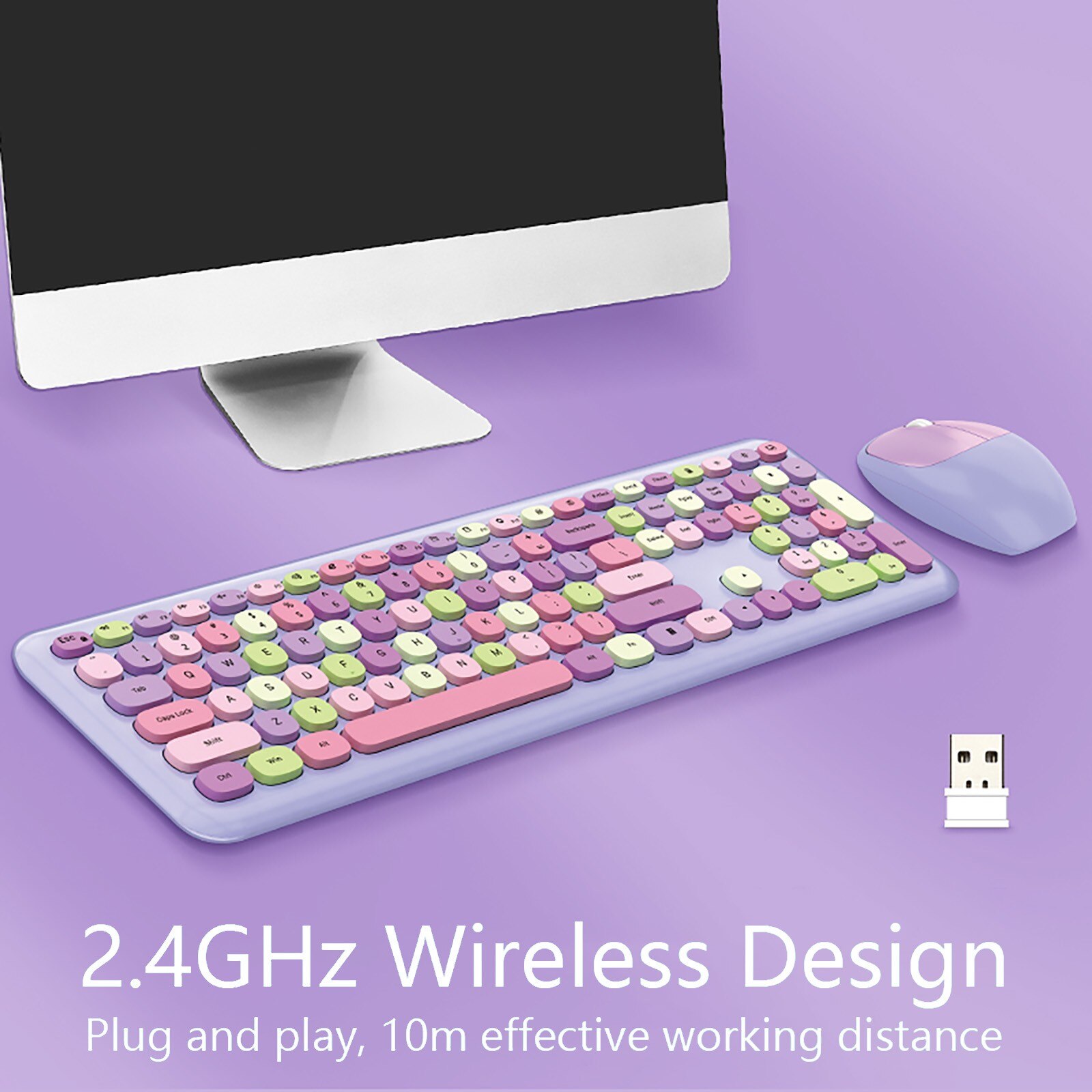 Wireless keyboard and mouse combination wireless keyboard 2.4G wireless business pink multi-color mute keyboard and mouse set: Purple 