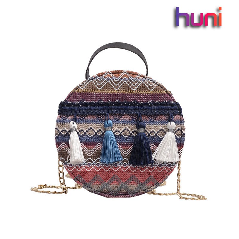HUNI Women Bag National Wind Small Bags Female Tassel Portable Round Bag Woven Shoulder Bags: Black