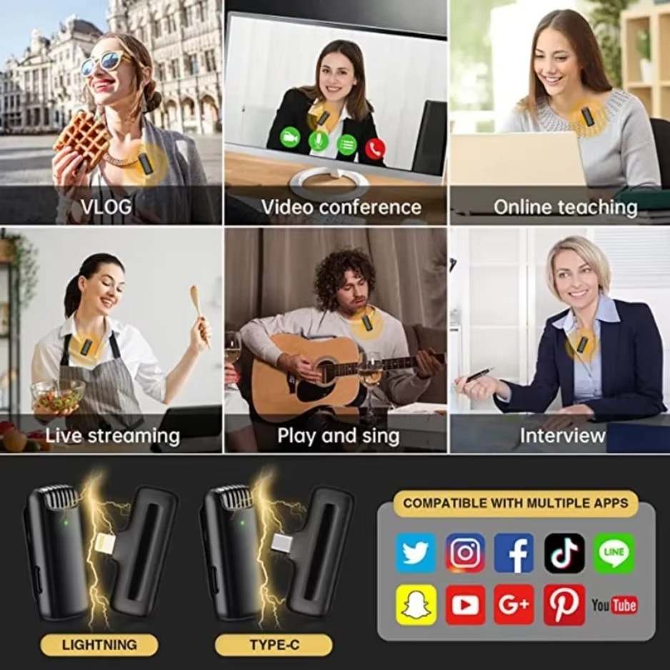 Portable Wireless Lavalier Microphone with Charger Case Audio Video Receiver Mini Mic For iPhone Android Tablet Gaming Live