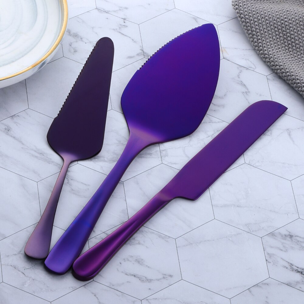 1/3PCS Stainless Steel Cake Shovel Set Bread Pizza Knife Dessert Pie Divider Cutter Spatula Server Baking Tool for Party Wedding: purple set