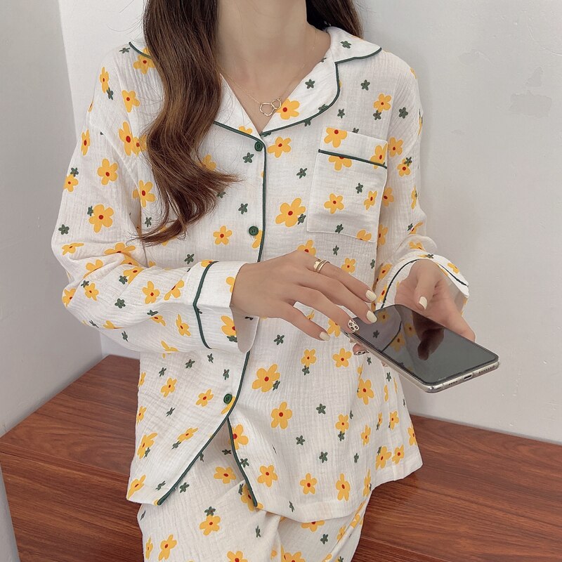 CBAFU spring autumn pajama set flowers print sleepwear lapel collar tops pants 2 piece set comfartable cotton home clothes M620