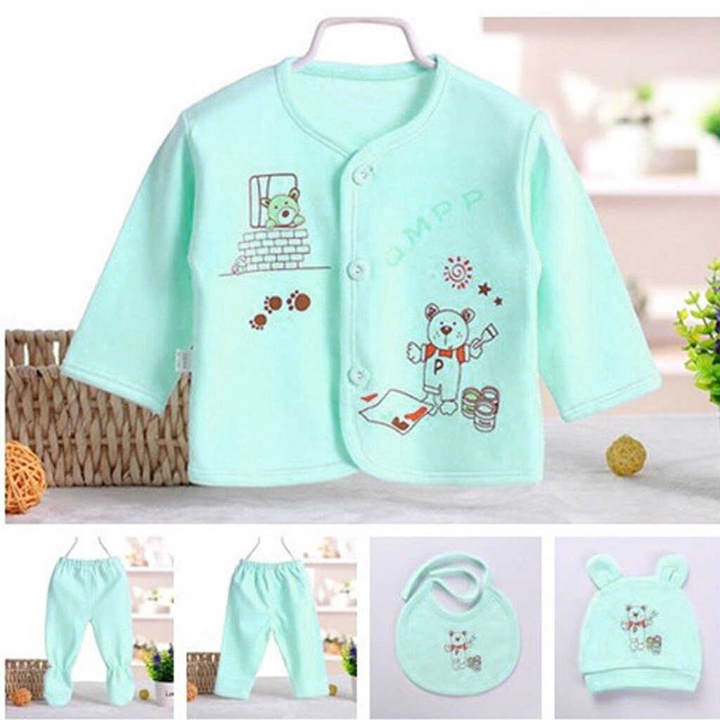 5 pezzi neonato Sleepwear Set Baby Boy Girl Cartoon manica lunga top + cappello + pantaloni + bavaglino Outfit Set vestiti appena nati детская одежда: Green