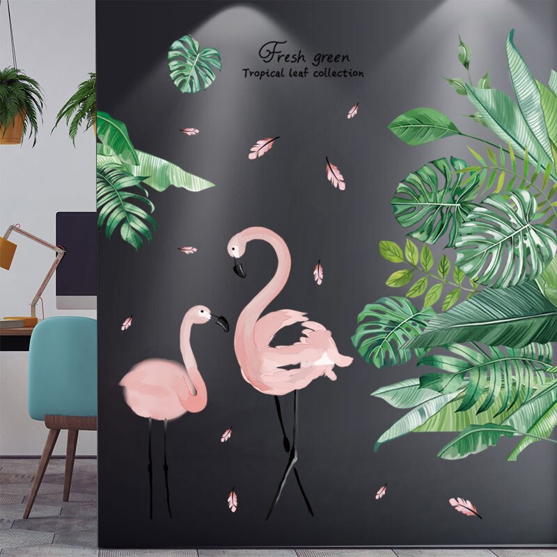 flamingo dyr veggklistremerker gjør-det-selv rosa fugler veggdekor til stue låve soverom barnehage hjem dekorasjon: flamingo og blader 2