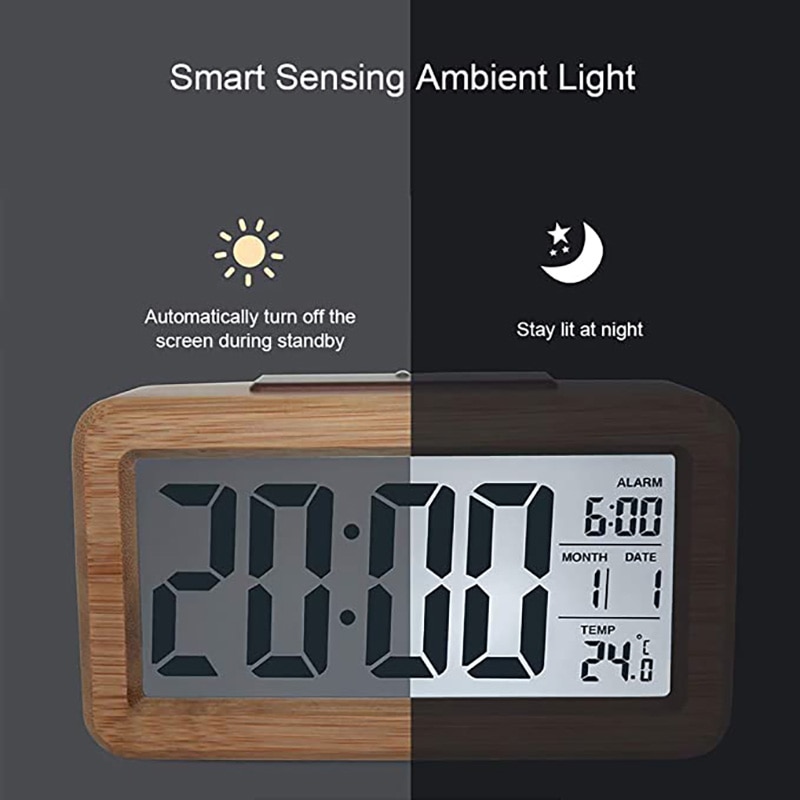 Houten Digitale Wekker, Smart Sensor Nachtlampje Met Snooze, Datum, Temperatuur, 12/24Hr Schakelbare, Massief Houten Shell