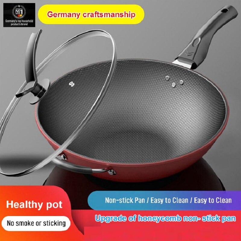 Non-stick Frying Pan 34cm with cover Cauldron Cast Wok Full Screen Honeycomb No Lampblack No Coating Frying Pan Pots for kitchen