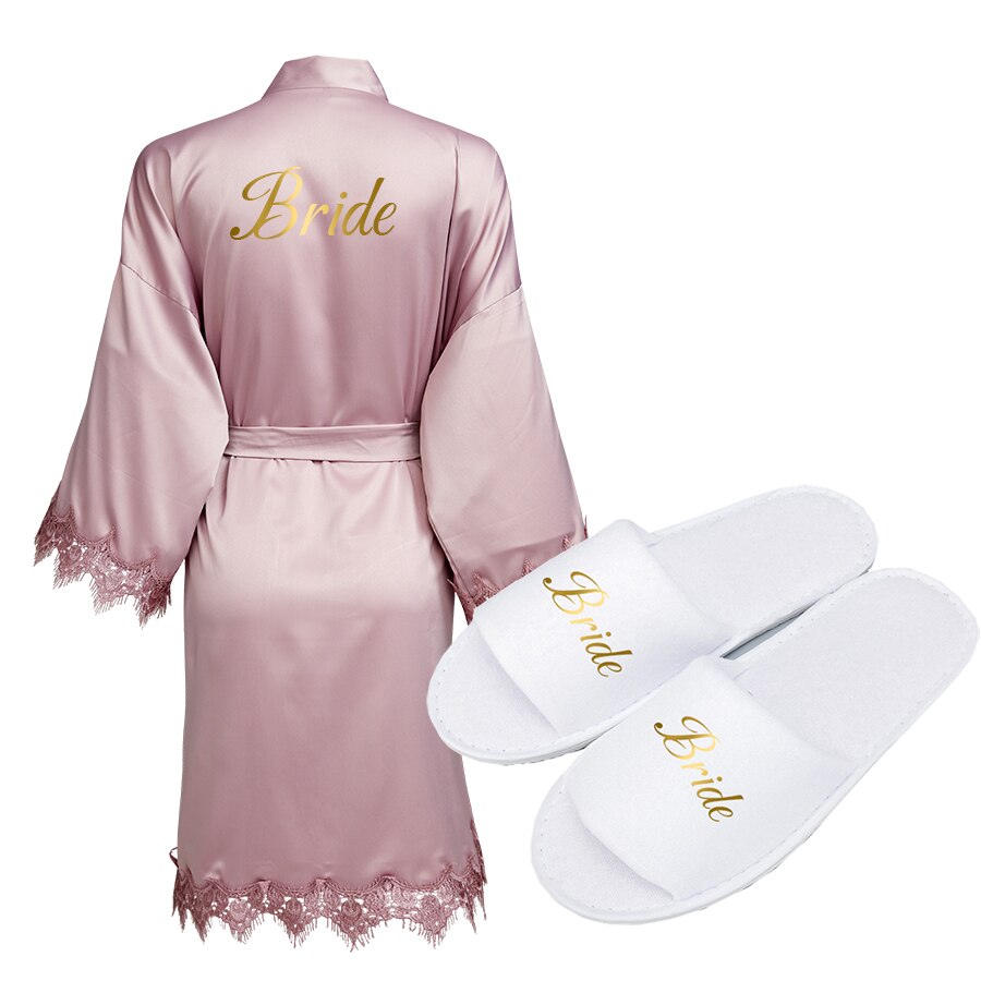 Batas de dama de honor de la novia, bata de seda satinada para boda, de , albornoz blanco: mauve with slipper / one size XL