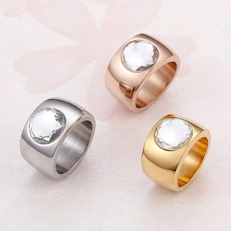 Luxe Kristal Ronde Vrouwelijke Ring 10Mm Brede Ring Rvs Vrouwen Cocktail Ring Sieraden Engagement Ring