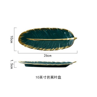 Luksus keramisk tallerken opbevaringsbakke med glodkant grøn blad glod fjer smykker makeup børste opbevaring dekorativ sushi plade: Mørkegrøn  - 10 tommer