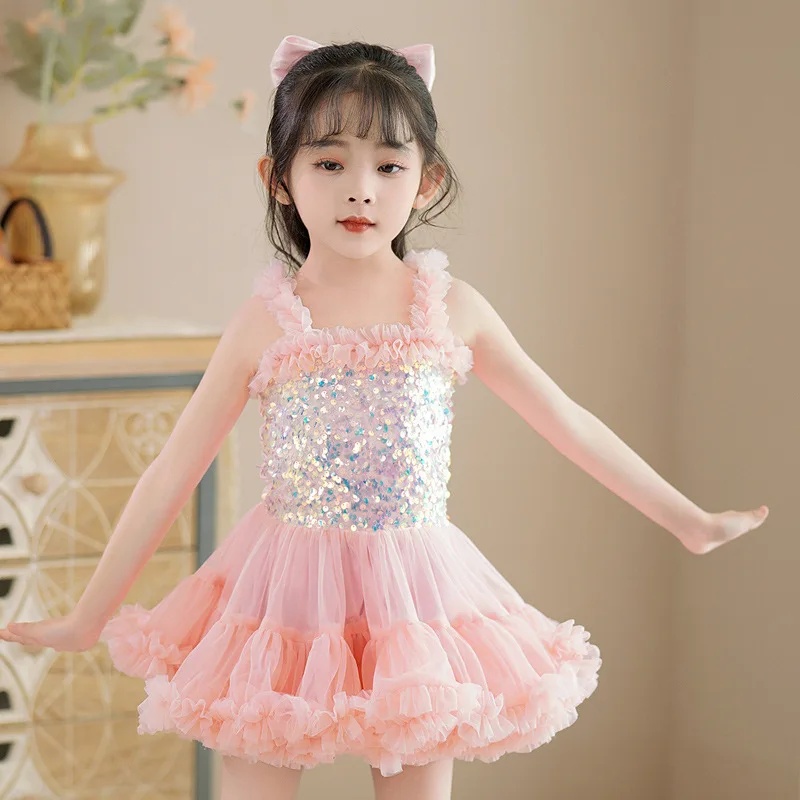 Falda de tul estilo princesa, bonito vestido de actuación para niña, ropa de verano para niños, vestido de baile de cuento de hadas, traje para niña pequeña: Rosa / 3M