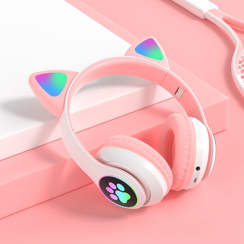 Cat Ear Wireless Headphones Bluetooth 5.0 RGB Earphones Bass Noise Cancelling Adults Kids Girl Headset Support TF Card Casco Mic: White Pink